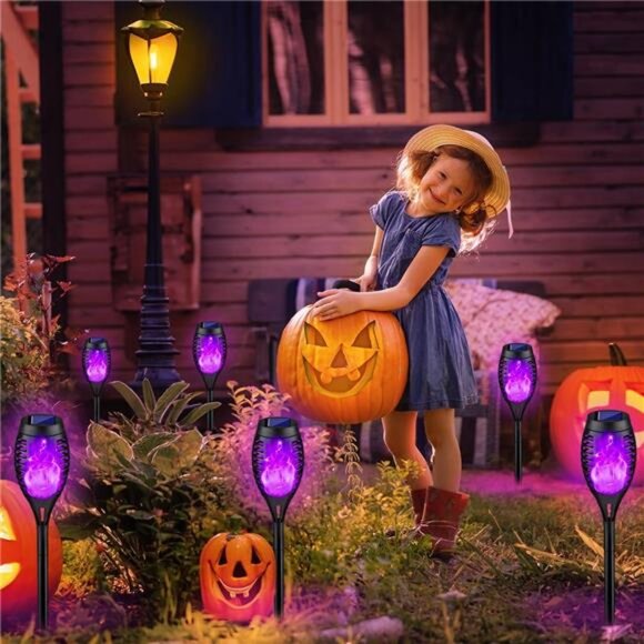 Purple Halloween Pathway Lights with Flickering Flame, 12Pack Solar Lights - Picture 5 of 7